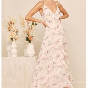 Lulu’s In Love Forever Lavender Floral Lace-up Maxi dress wedding guest